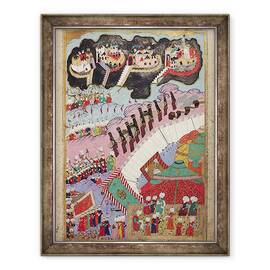 Tablou inramat - Scoala turceasca - TSM H.1524 Fortele lui Suleyman Magnificul 1484-1566 asediind o cetate crestina, de la Hunername de Lokman, 60 x 80 cm - - Roveli