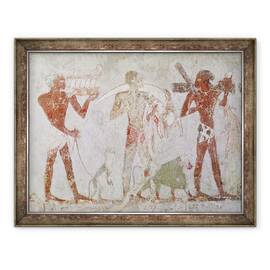 Tablou inramat - Egyptian 18th Dynasty - Kushites care transporta tributuri de aur, fildes si piei de animale, de la mormantul lui Rekhmire, vizir de Tuthmosis III si Amenhotep II, 60 x 80 cm - - Roveli