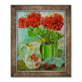 Tablou inramat - Joan Thewsey - Geranium rosu cu ulcior de capsuni si cirese, 50 x 60 cm - - Roveli