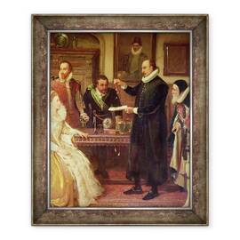 Tablou inramat - Arthur Ackland Hunt - Dr. William Gilbert 1544-1603 Aratand experimentul sau pe energie electrica reginei Elisabeta I si Curtii sale, detaliu al lui Gilberd, 50 x 60 cm - - Roveli