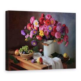 Tablou Canvas - Natura Moarta Cu Un Buchet De Asteri si Struguri, 50 x 70 cm - - Roveli