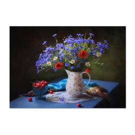 Tablou Canvas - Natura Moarta De Vara Cu Flori Salbatice, Buchet, Vaza, Ulcior, Flori, 60 x 80 cm - - Roveli