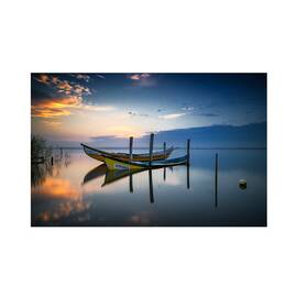 Tablou canvas - Barci, Peisaj, Apa, Apus De Soare, Lumina, 60 x 90 cm - - Roveli