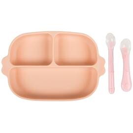 Set hranire bebe din silicon, 1 farfurie compartimentata cu ventuza, 2 lingurite marimi diferite, fara BPA, roz somon, KidsCare - - Roveli