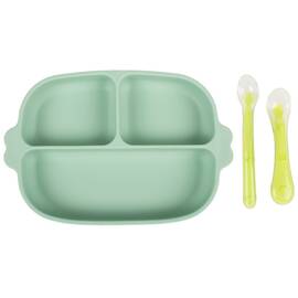 Set hranire bebe din silicon, 1 farfurie compartimentata cu ventuza, 2 lingurite marimi diferite, fara BPA, verde, KidsCare - - Roveli