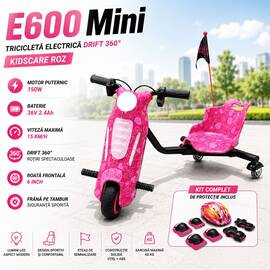 Tricicleta electrica Drift 360 KidsCare E600 Mini pentru copii, motor 150W, viteza maxima 15 km/h, baterie 36V 2.4Ah, lumini LED, roti drift, roz, kit de protectie inclus - - Roveli