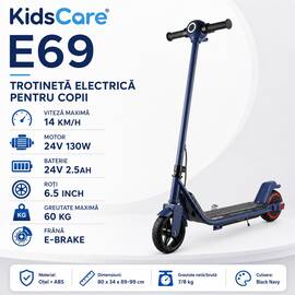 Trotineta electrica copii KidsCare E69, motor 130W, baterie 24V 2.5Ah, viteza 14 km/h, lumini, negru - - Roveli