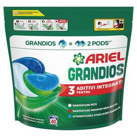 Detergent de rufe capsule Ariel Grandios Allin1 PODS Mountain Spring, 40 spalari, 40 bucati, putere dubla de curatare, 3 aditivi integrati pentru indepartare pete, mirosuri neplacute si stralucirea hainelor, dizolvare rapida in apa rece, universal - - Roveli