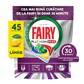 Detergent capsule pentru masina de spalat vase Fairy Platinum Plus 30 Minute Miracle Lemon, 45 bucati, 45 spalari, all in one, curatare in program scurt, 5 geluri, degresare superioara, stralucire, uscare rapida, ingrijirea filtrului, parfum de lamaie - - Roveli