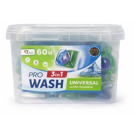 Detergent de rufe capsule Pro Wash 3in1 Universal Alpine Freshness, 60 spalari, 60 bucati, rufe albe si colorate, indeparteaza petele dificile, parfum proaspat, dizolvare rapida fara reziduuri, cutie cu capac, pentru masina de spalat automata - - Roveli