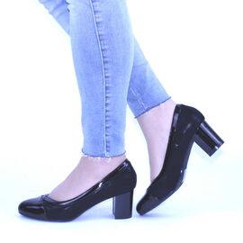 Pantofi de dama eleganti cu toc mediu gros din lac H-27-BLACK​, Marime (12): 36 - - Roveli