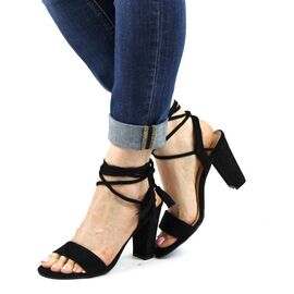 Sandale elegante de dama cu toc inalt, gros si snururi 3675-101-BLACK​, Marime (12): 39 - - Roveli