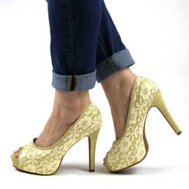 Pantofi eleganti cu platforma de dama ,decupati in varf cu dantela si insertii aurii A20-6-GOLD, Marime (12): 36 - - Roveli
