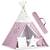 ​Cort de joaca pentru copii , cadru din lemn, forma de cort indian, 3 perne, un covor izolant gros, cu lumini, 120x120x165 cm, cu stele, roz - 4- Roveli