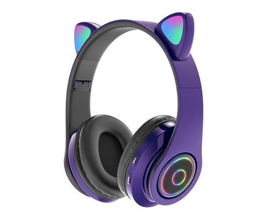 Roveli - Casti CAT cu lumini, Bluetooth 5.0, cu microfon si card Micro-SD : Culoare - violet-