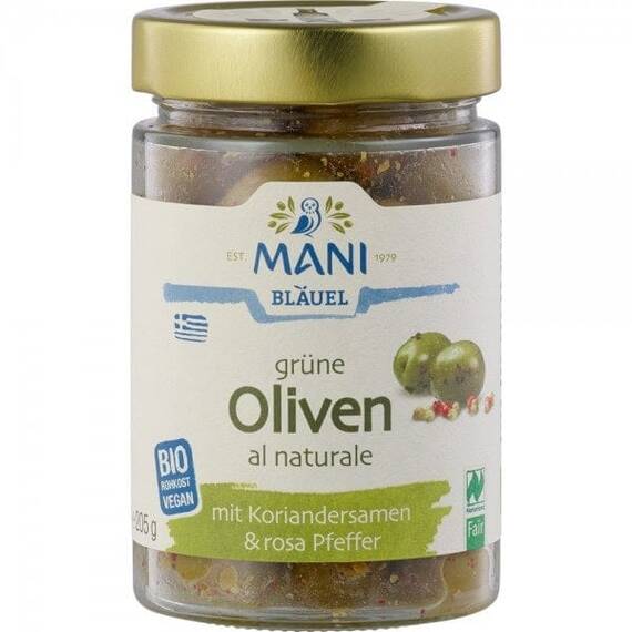 Masline verzi crude cu coriandru si piper rosu 205g Mani - - Roveli