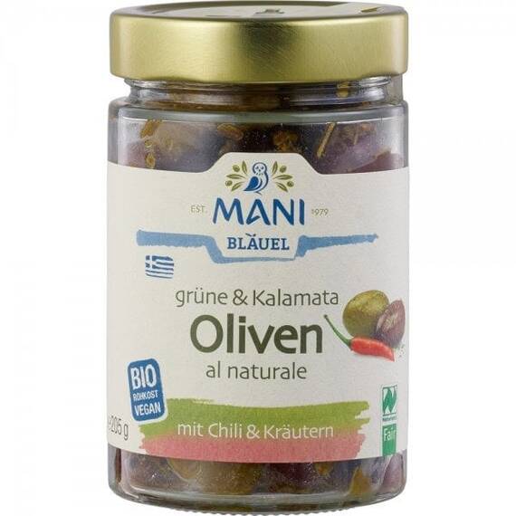 Masline verzi si Kalamata crude cu chili si ierburi 205g Mani - - Roveli