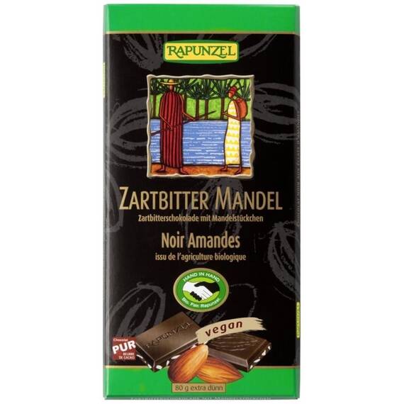 Ciocolata bio amaruie cu migdale si 55% cacao HIH 80g Rapunzel - - Roveli