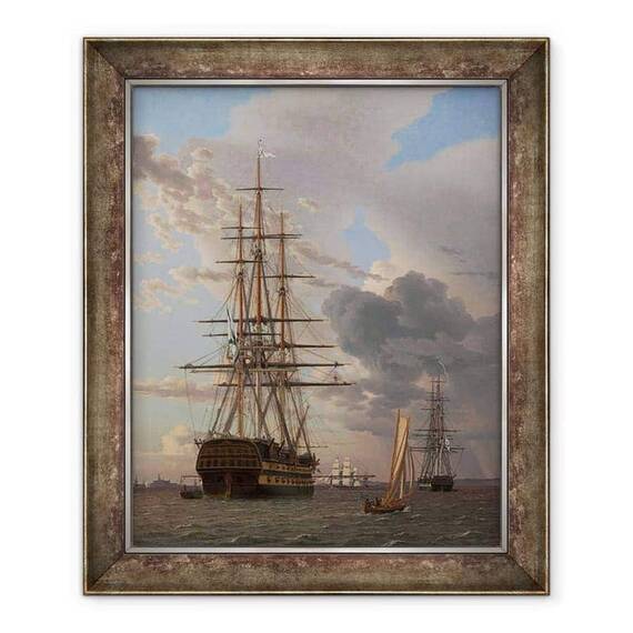 Tablou inramat - Christoffer-Wilhelm Eckersberg - Nava rusa a liniei Asow si o fregata la ancora in drumurile din Elsinore - - Roveli