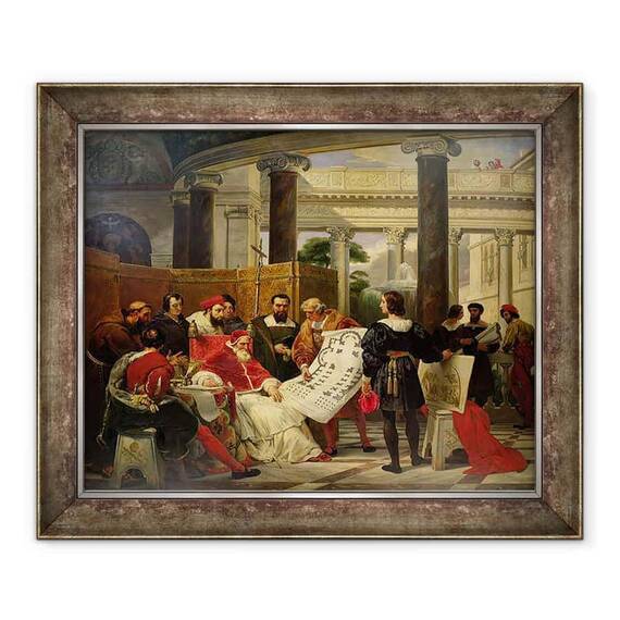 Tablou inramat - Emile Jean Horace Vernet - Papa Iulius al II-lea ordonand lui Bramante, Michelangelo si Rafael sa construiasca Vaticanul si Sfantul Petru - - Roveli