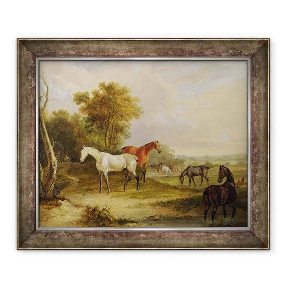 Tablou inramat - Francis Calcraft Turner - Cai pascut - Un armasar cenusiu pasunat cu iepe intr-o lunca - - Roveli