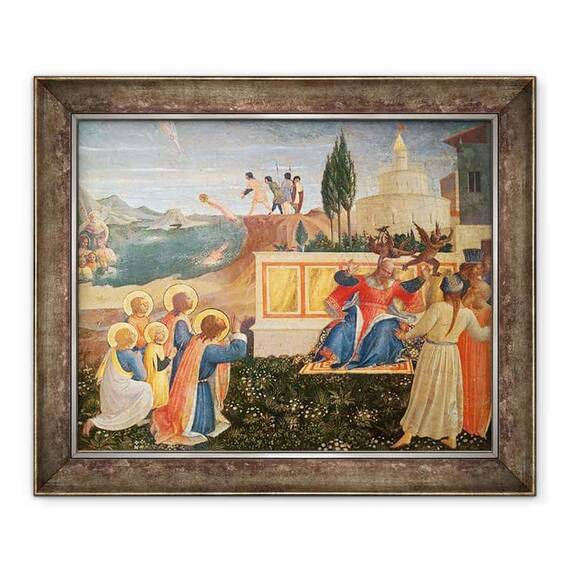 Tablou inramat - Fra Angelico - Sfintii Cosma si Damian sunt aruncati in mare, demonii scapa din gura proconsulului Lysias, din predella altarul San Marco - - Roveli