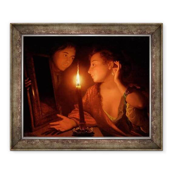 Tablou inramat - Godfried Schalcken - O doamna admirand un cercel la lumina lumanarilor - - Roveli