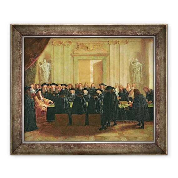 Tablou inramat - Scoala Franceza - Sigiliul detinut de Ludovic al XIV-lea 1638-1715 in fata membrilor Consiliului de Stat si a Curtii de Apel in 1672 - - Roveli
