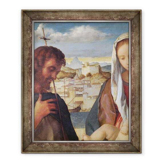 Tablou inramat - Giovanni Bellini - Madonna si Pruncul cu Sfantul Ioan Botezatorul si un sfant, detaliu al orasului de pe malul apei de fundal - - Roveli
