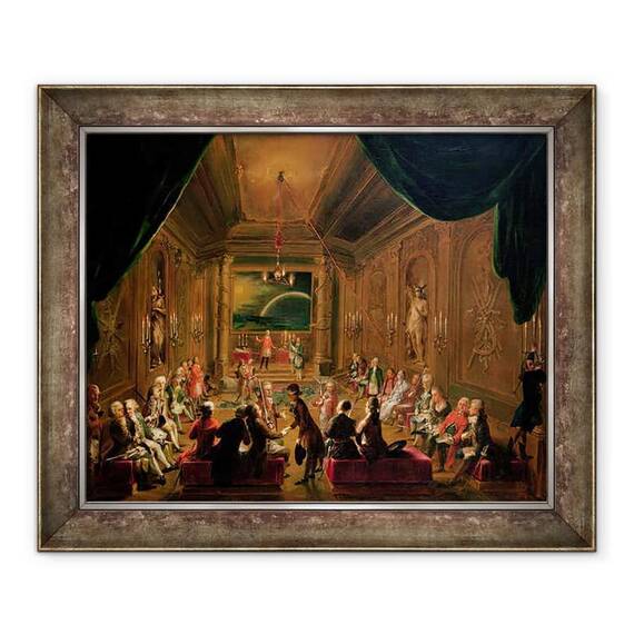 Tablou inramat - Ignaz Unterberger - Ceremonia de initiere intr-o Loja masonica vieneza in timpul domniei lui Iosif al II-lea, cu Mozart asezat pe extrema stanga - - Roveli