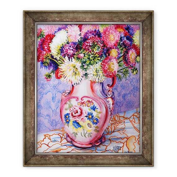 Tablou inramat - Joan Thewsey - Asters intr-un ulcior victorian floral roz 2002 - - Roveli