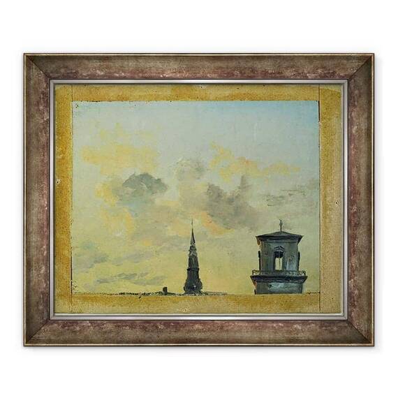 Tablou inramat - Johan Christian Dahl - Doua turnuri in Copenhaga impotriva cerului de seara - - Roveli