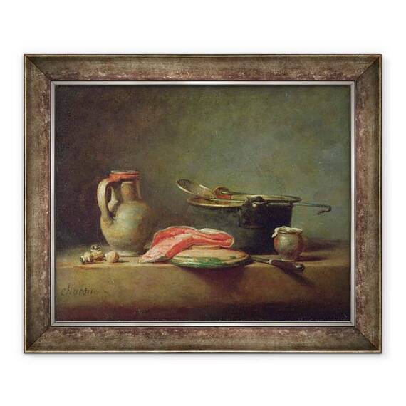 Tablou inramat - Jean-Baptiste Simeon Chardin - Cazan de cupru cu un ulcior si o felie de somon - - Roveli