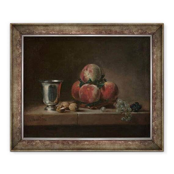 Tablou inramat - Jean-Baptiste Simeon Chardin - Natura statica cu piersici, un pocalul de argint, struguri si nuci - - Roveli