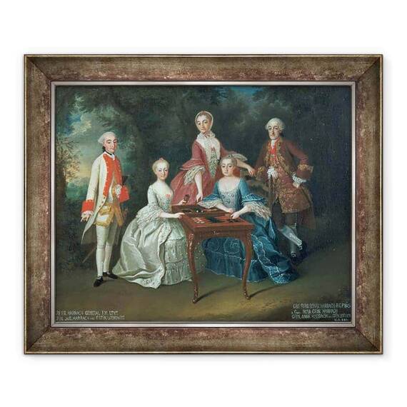 Tablou inramat - Johann Wilhelm Hoffnas - Portret de grup al familiei Harrach jucand table, inclusiv generalul contele Ferdinand Harrach, contele Ferdinand Bonaventura Harrach cu Rosa - - Roveli