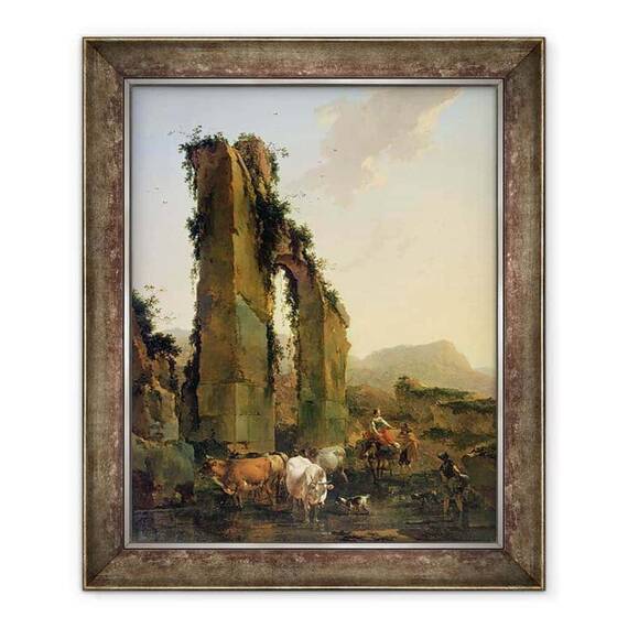 Tablou inramat - Nicolaes Pietersz. Berchem - taranii cu vite de un apeduct ruinat - - Roveli