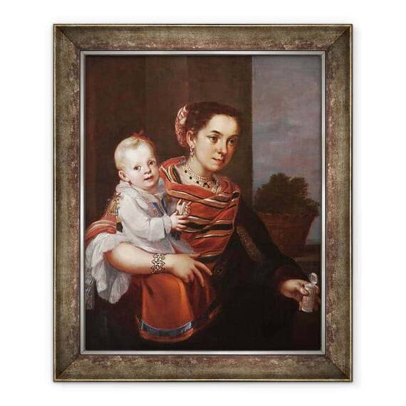 Tablou inramat - Scoala Mexicana - Femeie Morisca si fata albinoasa - - Roveli