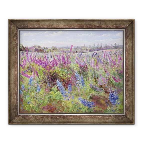 Tablou inramat - Timothy Easton - Campul si Biserica Delphinium - - Roveli