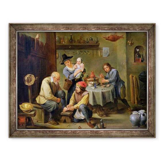 Tablou inramat - David Teniers the Younger - Chirurg care are grija de piciorul unui batran - - Roveli
