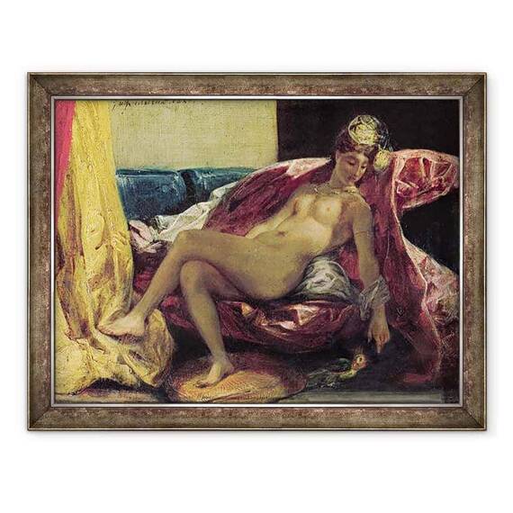 Tablou inramat - Ferdinand Victor Eugene Delacroix - Odalisca inclinata sau, Femeie cu un papagal - - Roveli