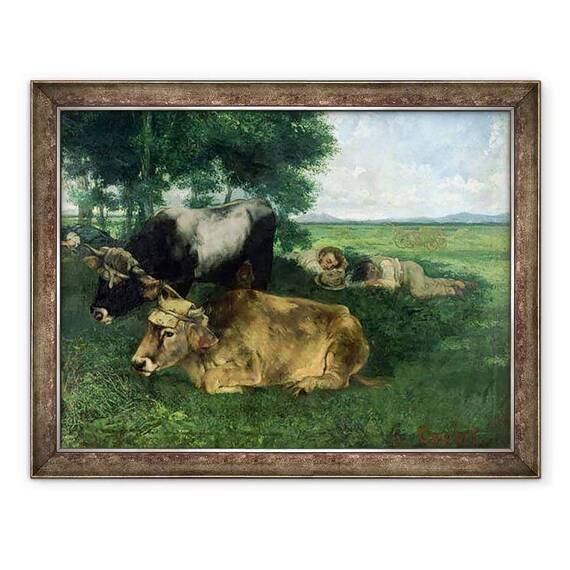 Tablou inramat - Gustave Courbet - La Siesta Pandantiv la saison des foins si detalii de animale care dorm sub un copac, 1867 - - Roveli
