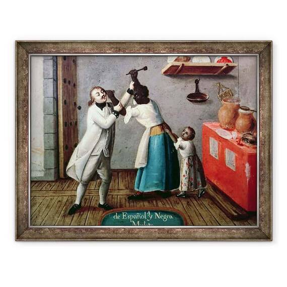 Tablou inramat - Scoala spaniola - De la un spaniol si un negresa ai o obtine o jumatate de casta - - Roveli