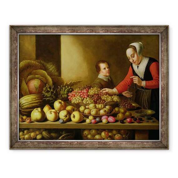 Tablou inramat - Floris van Schooten - Fata de vanzare struguri de la o masa mare incarcat cu fructe si legume - - Roveli
