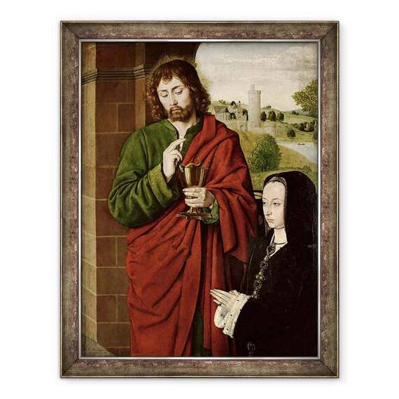 Tablou inramat - Master of Moulins - Anne a Frantei 1462-1522 Doamna de Beaujeu, Ducesa de Bourbon, prezentata de Sfantul Ioan Evanghelistul, aripa dreapta a unui triptic - - Roveli
