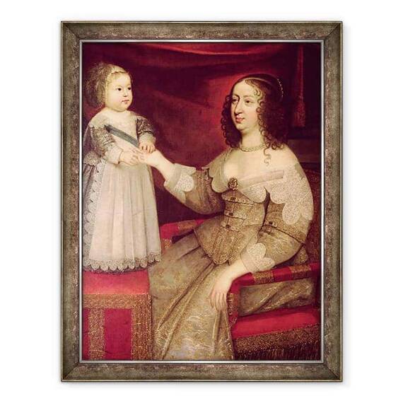 Tablou inramat - Scoala franceza - Anne de Austria 1601-66 impreuna cu fiul ei Ludovic al XIV-lea 1638-1715 - - Roveli