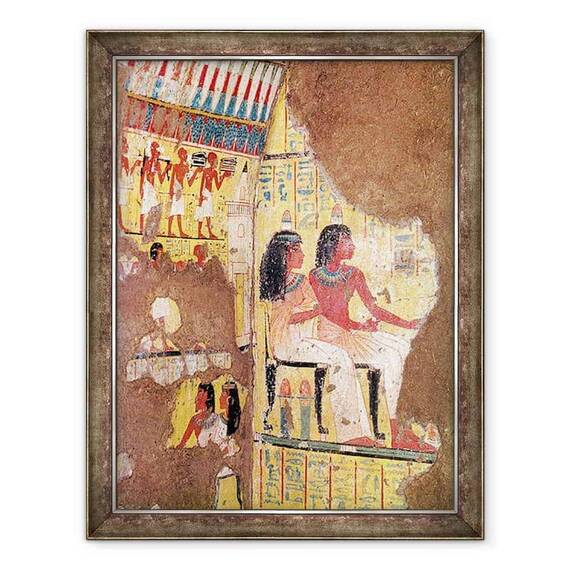 Tablou inramat - Egyptian 18th Dynasty - Pictorul Maie si sotia sa asezat, din mormantul lor, reconstruit in muzeu - - Roveli