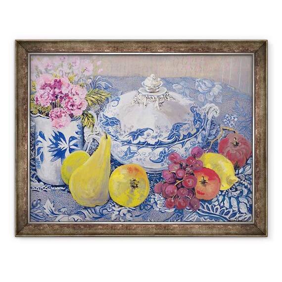 Tablou inramat - Joan Thewsey - Tureen albastru si alb cu fructe - - Roveli