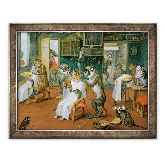 Tablou inramat - Abraham Teniers - Frizerie cu maimute si pisici - - Roveli