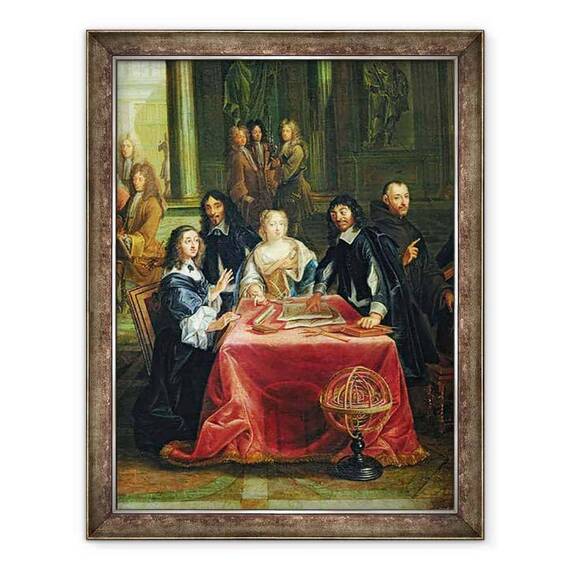 Tablou inramat - Pierre-Louis Dumesnil the Younger - Christina a Suediei 1626-89 si Curtea sa, detalii despre Regina si Rene Descartes 1596-1650 la masa ulei pe panza - - Roveli