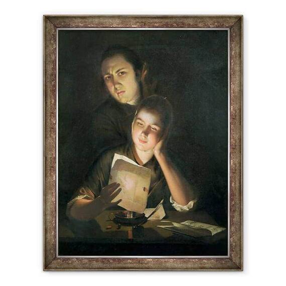Tablou inramat - Joseph Wright - O fata citind o scrisoare de la lumina lumanarilor, cu un tanar care se holbeaza peste umar - - Roveli